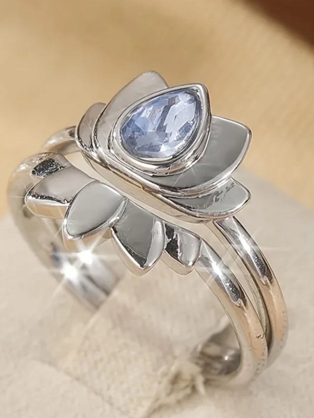 Boho Silvery Lotus Flower Ring Set | Blue Water Drop Crystal Size 8 - Picture 8 of 12